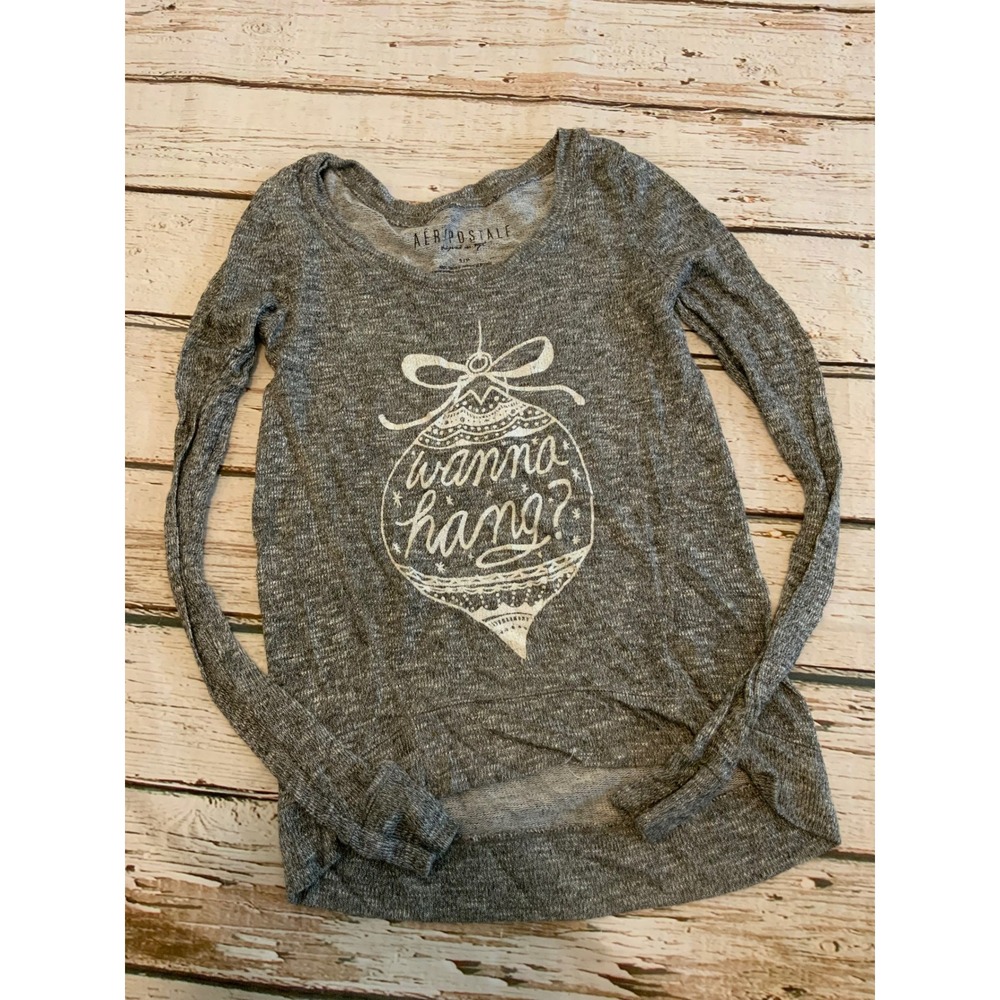 Aeropostale Womens Small Gray Wanna Hang Christmas Ornament Graphic Long Sleeve